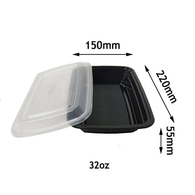 32OZ Black Rectangle Plastic Containers, Disposable Plastic Microwavable Meal Prep Containers with Lid